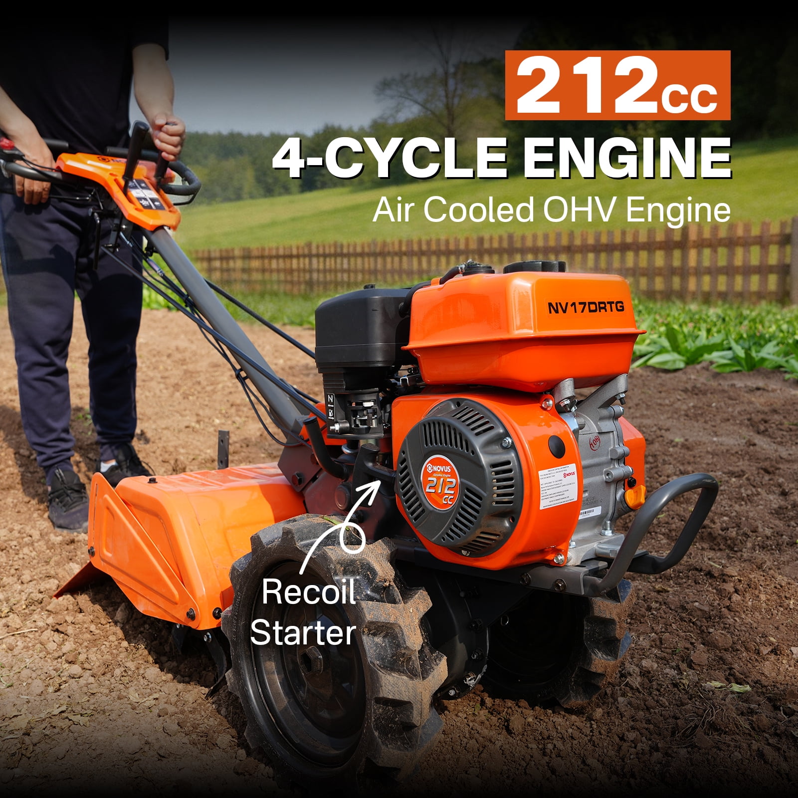 NOVUS 17 Inch Dual Direction Rear Tine Tiller, 212CC 4 Cycle Gas Engine, Independent Control Panel , Instant Reverse Power Tiller with 14” Tires, Gas Tiller for Gardening