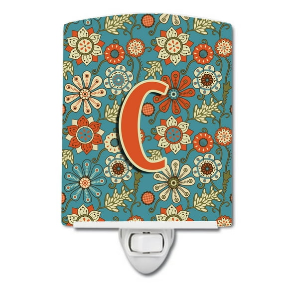 Letter C Flowers Retro Blue Ceramic Night Light