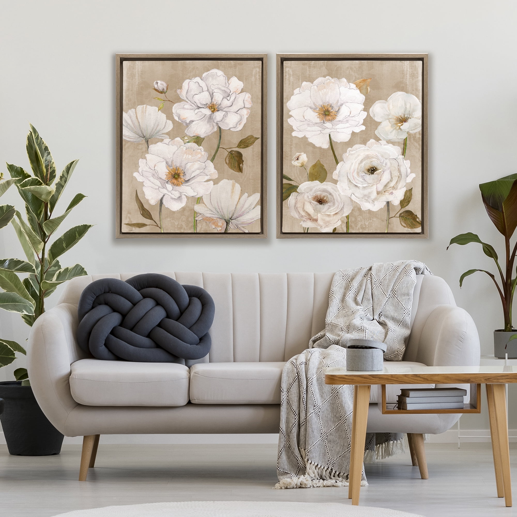 Stupell Industries White Blooms over Neutral 2 Piece Brown Framed Floater Canvas Set, design by Carol Robinson
