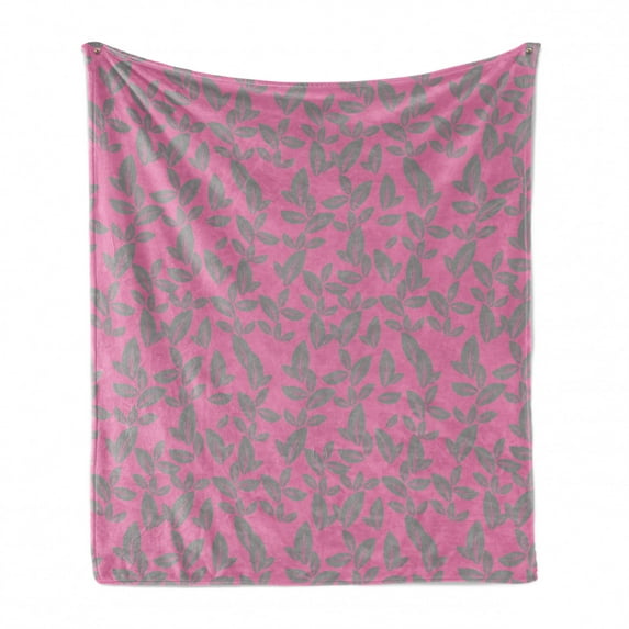 Floral Soft Flannel Fleece Throw Blanket, Big Grey Flower Petals on Pink Background Falling Leaves Natural Theme Artwork, Cozy Plush for Indoor and Outdoor Use, 60" x 80", Pink and Grey, by Ambesonne