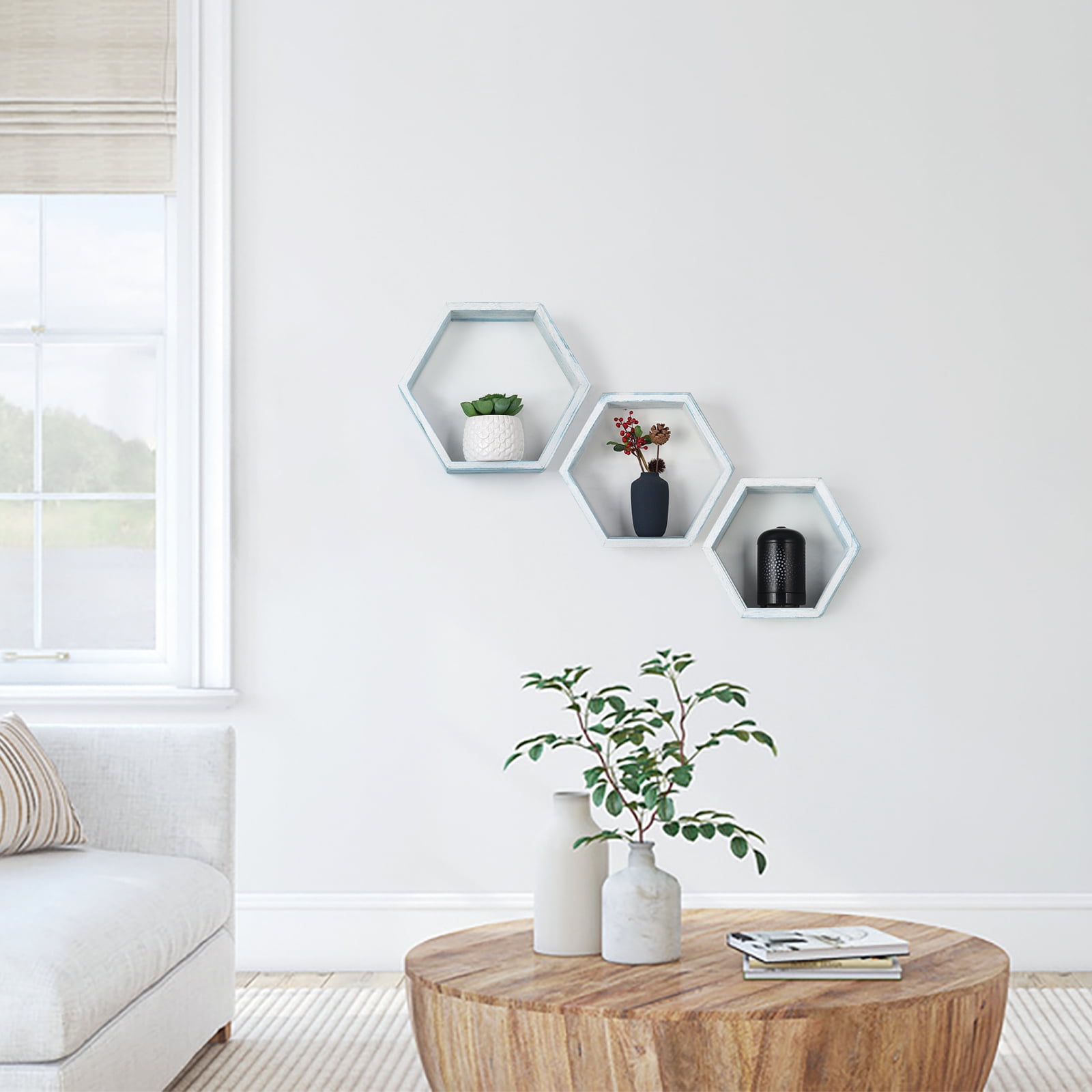 NEX Wooden Hexagon - 13" Rustic Floating Honeycomb Floating Shelf Set - Natural Wood in Light Blue White (3 Count)