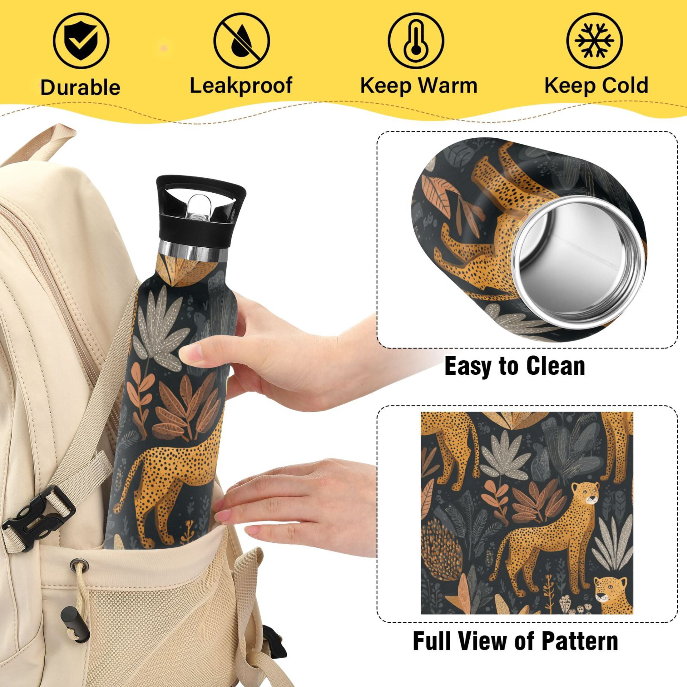 Kids Insulated Stainless Steel Sports Water Bottle 600ml Cheetahs and Jungle Foliage Pattern