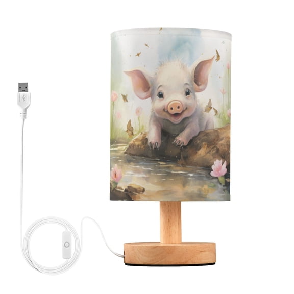 Pig Pool Stone Flowers Table Lamp USB Bedside Desk Nightstand Lamp Printed Gifts Small Lamp Wood Base for Bedroom Living Room Kids Room College Dorm