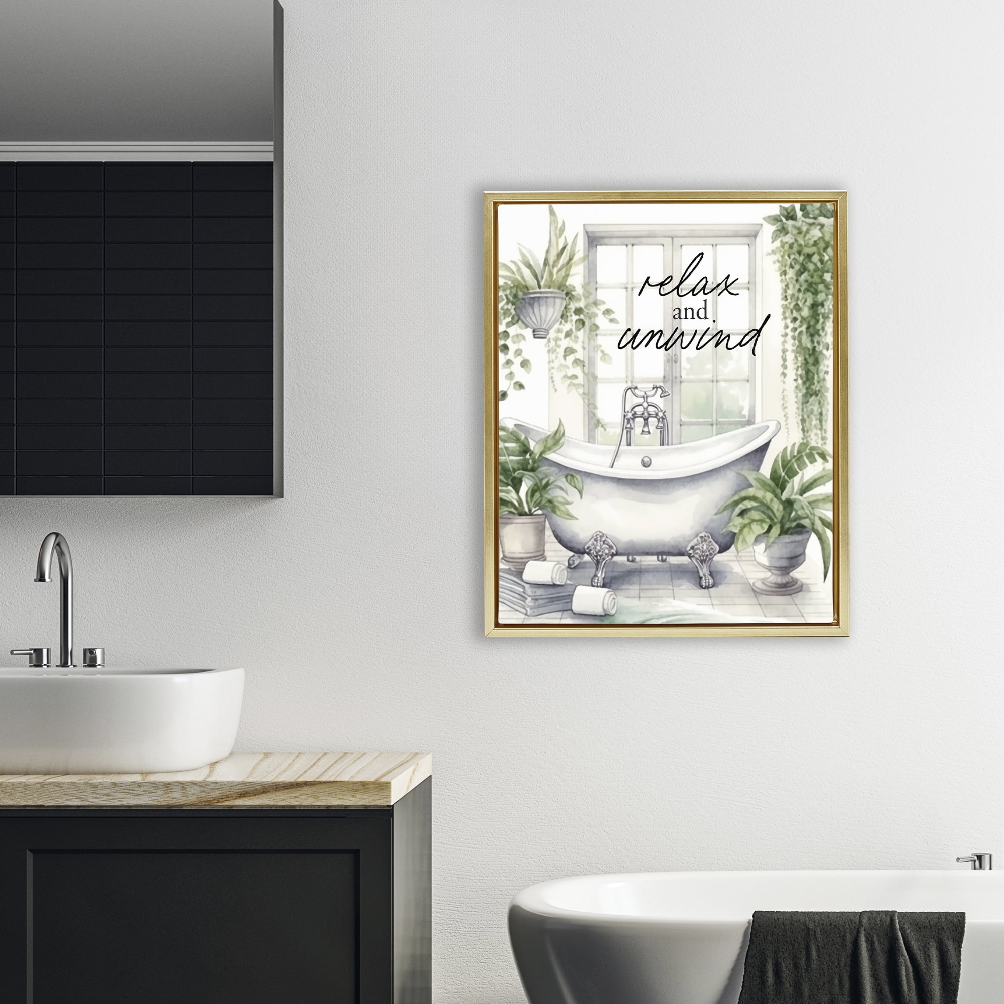 Relax Unwind Bath & Foliage Gold Framed Floater Canvas Wall Art, design by Lettered and Lined