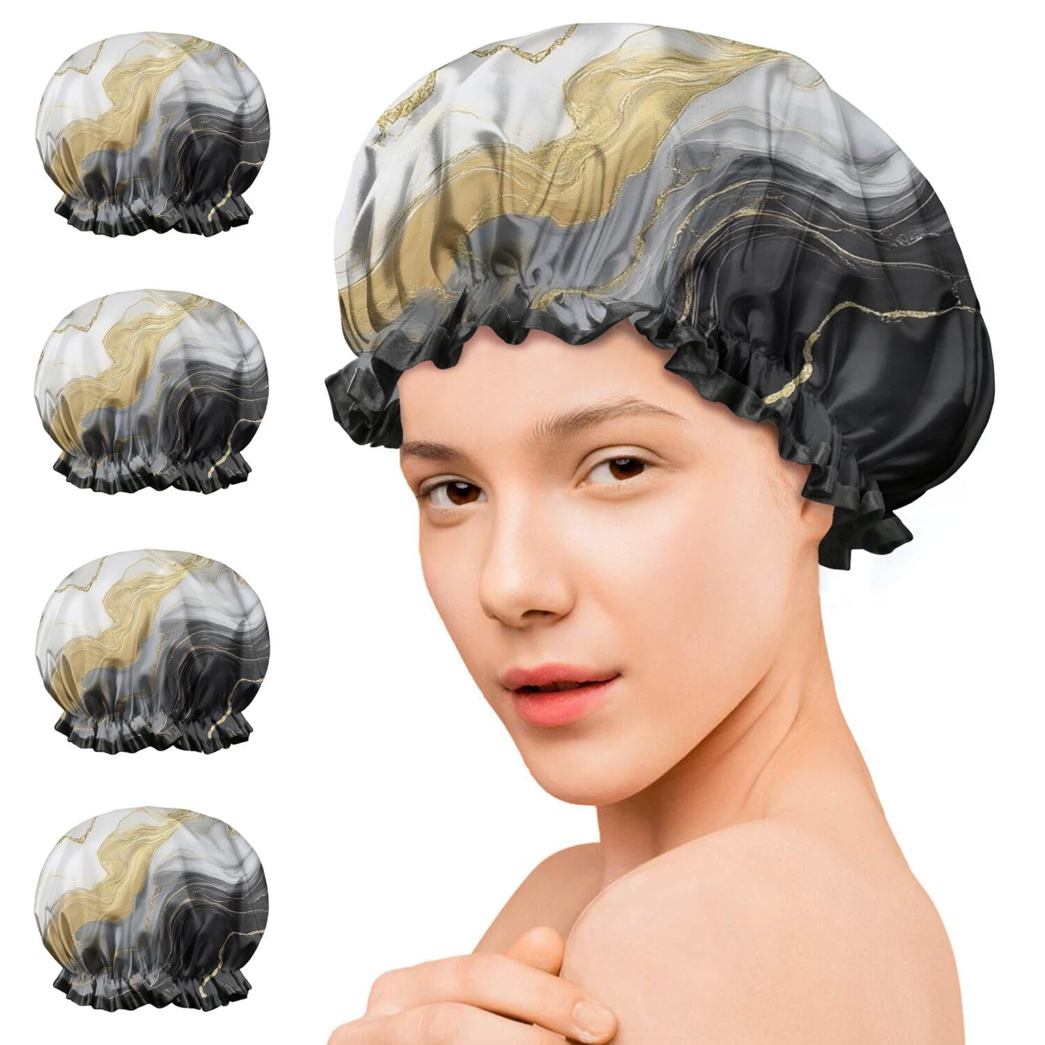 Shower Caps,Black Marble Gold Line Pattern Waterproof Shower Cap for Women 4 Pieces,Double Reusable Hair Cover for Shower PEVA Elastic Stretch Hem