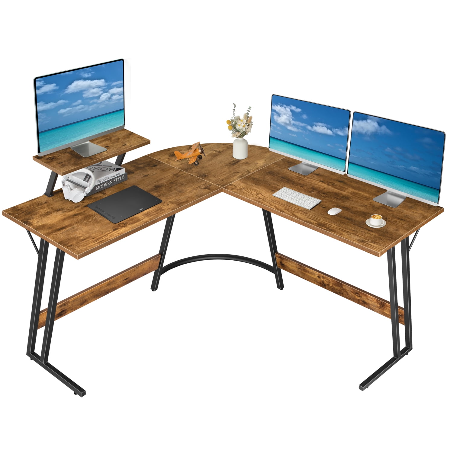 Lacoo Home Office Writing Desk Modern L-Shape Computer Desk, Brown