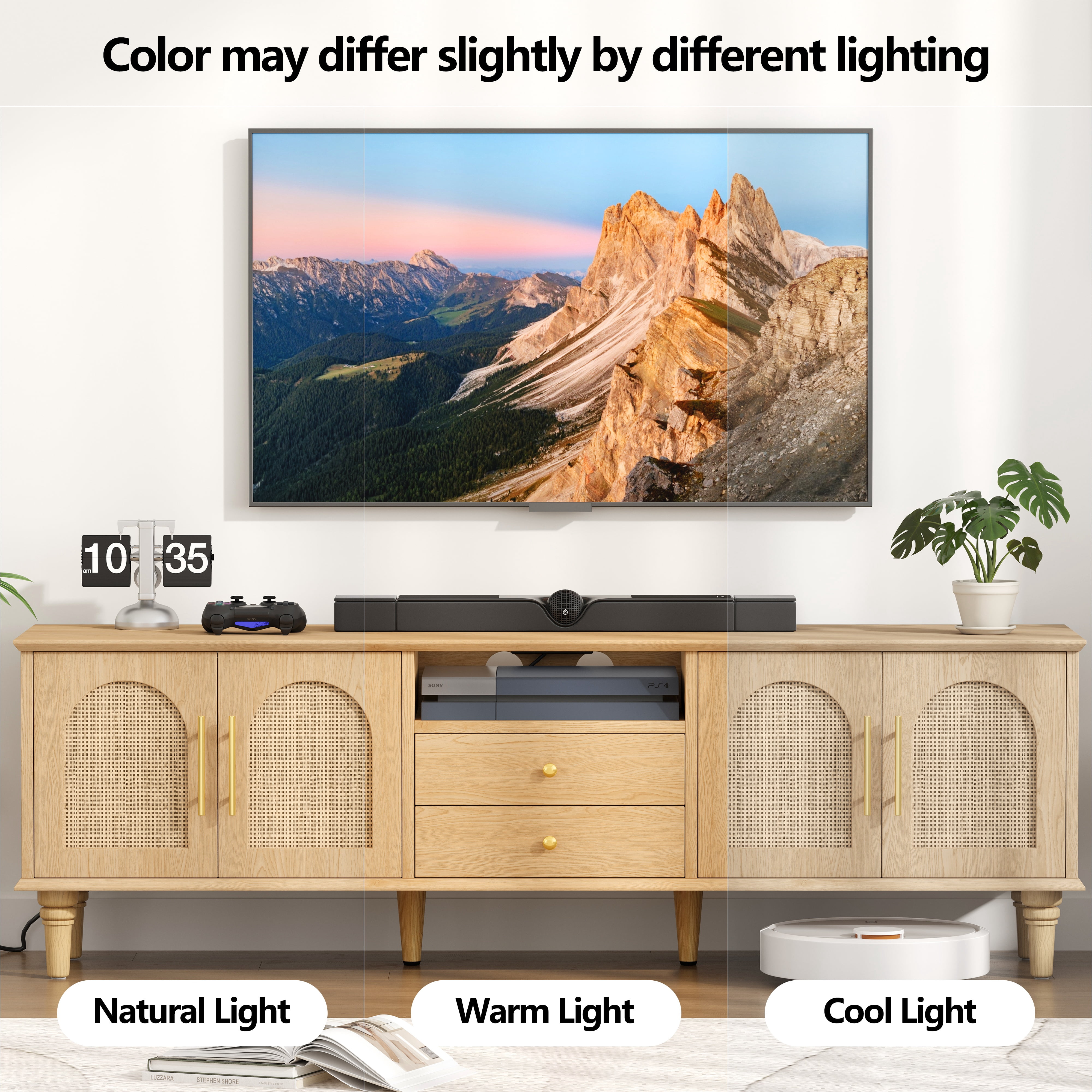 Rattan TV Stand for 75 inch TV, 63"W Entertainment Center with Power Outlet & Storage Cabinet, 2 Drawers & Doors, Adjustable Shelf, Modern Media TV Console Table for Living Room, Bedroom, Natural Oak