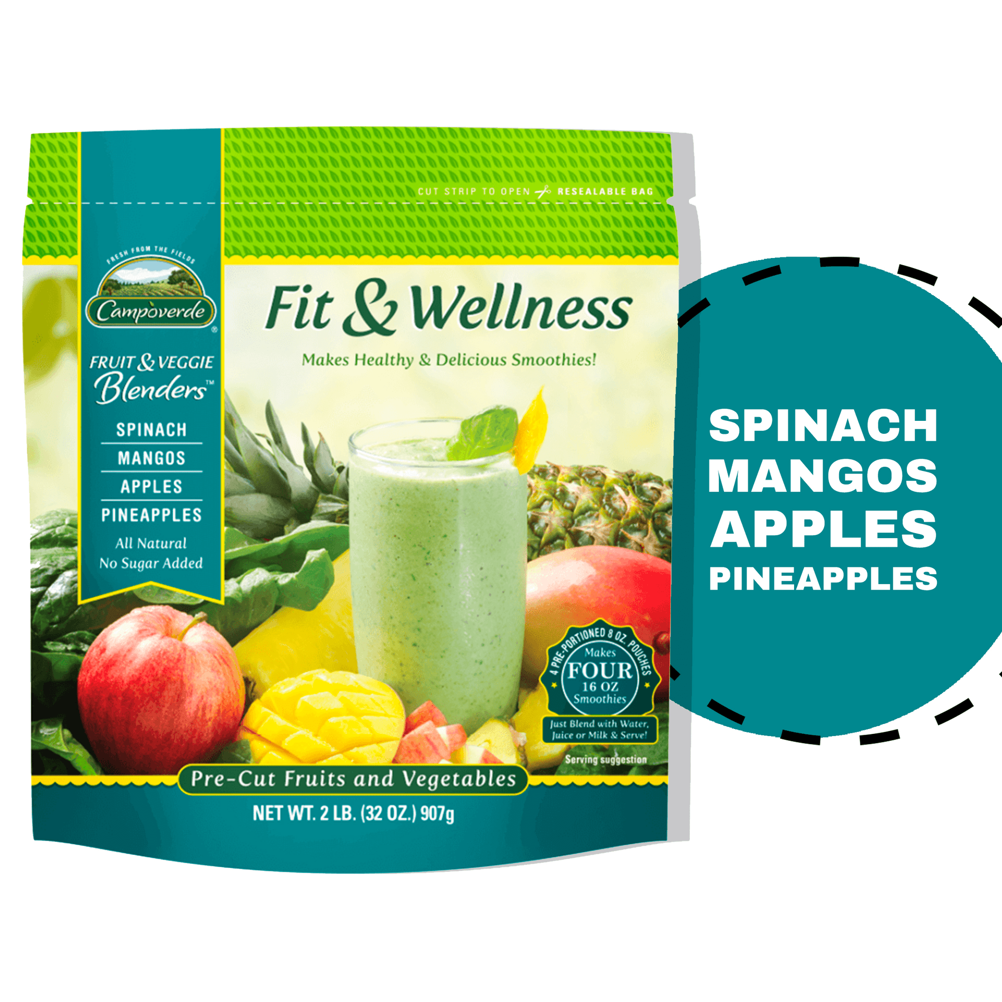 Campoverde Fruit & Veggie Blenders Frozen Fit & Wellness Smoothie Packs,Spinach-Mango-Apple-Pineapple, 32 oz, 4 pk