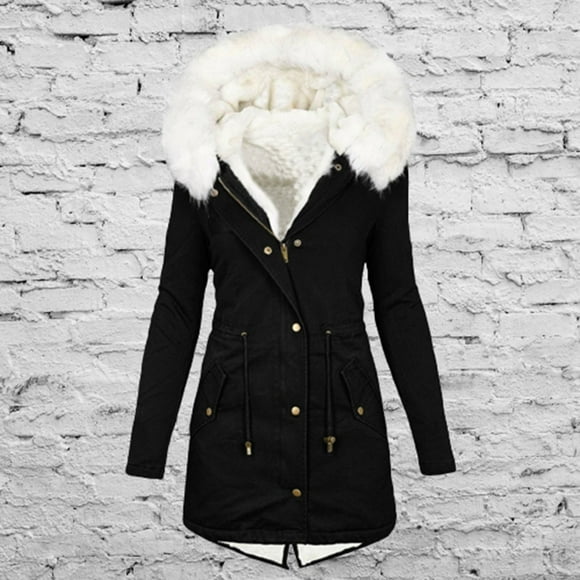 Nfurl Winter Coats for Women Thicken Parka with Faux Fur Hood Warm Fleece Lined Zip Up Quilted Jackets with Pockets Casual Outerwear Black XXL
