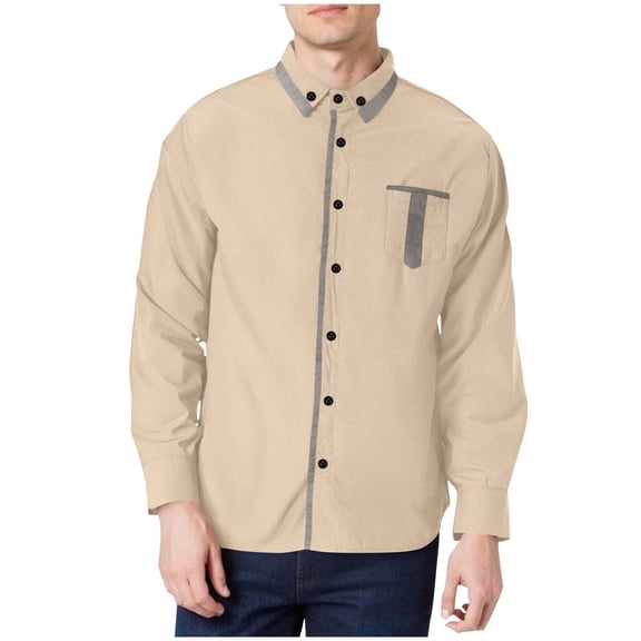 Timoontee Men's Casual Shirts Relaxed Long Sleeve Crew Neck Button Down Shirts Lightweight Solid Color Warm Shirts with Pocket Khaki L