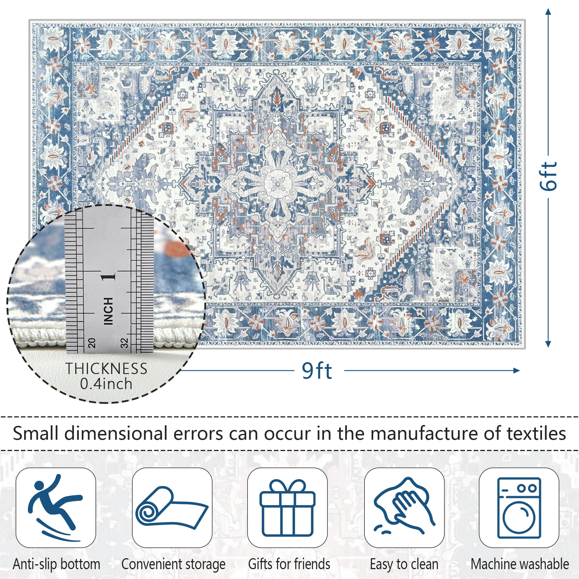 Homore Vintage Boho Oriental Medallion Area Rug, 6' x 9', Off-White