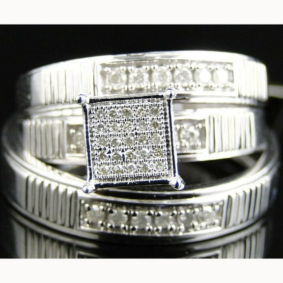 Bluebelljewels Round Cut Cubic Zirconia 14K White Gold Finish Wedding Trio Ring Set His & Hers