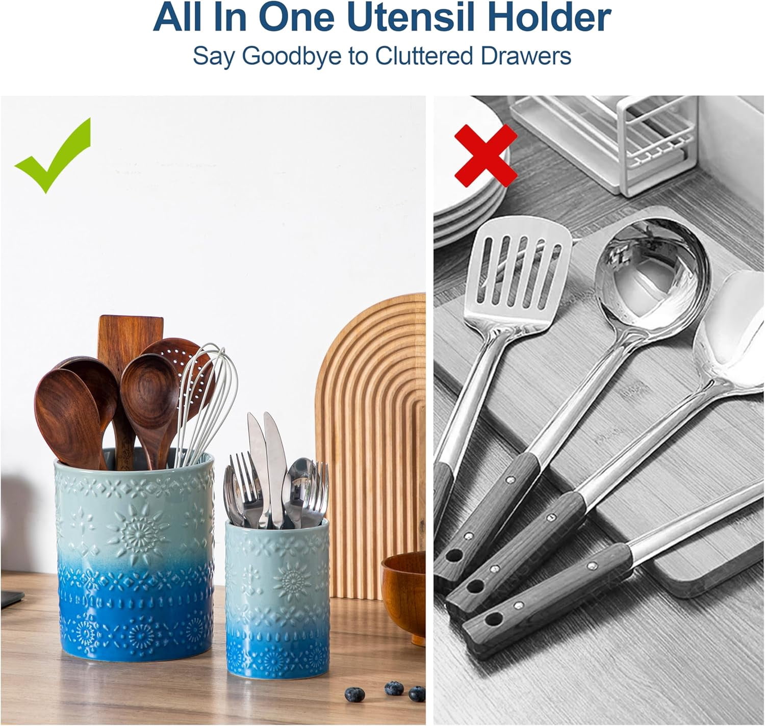 KitchenKey Utensil Holder, 7.2"+5.4" Ceramic Utensil Holder for Countertop, Large Cooking Utensil Crocks for Kitchen Counter, Farmhouse Utensil Vase for Housewarming, Kitchen Decor, Set of 2, Oceans