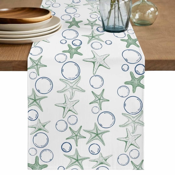 Table Runner 108 Inches Long for Kitchen Dining, Sage Green Coastal Dresser Scarf Farmhouse, Dining Table Decorations for Wedding/Parties, Starfish Nautical Ocean Sea Wooden 13 x 108 In