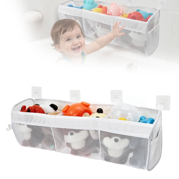 Grusce Bath Toy Storage Net, 3 Compartment Hanging Storage Mesh Bag, Bath Toy Organizer for Tub, Bath Toy Storage and Holder, Bathtub Toy Holder with 2 Side Pocket and 4 Adhesive Hooks