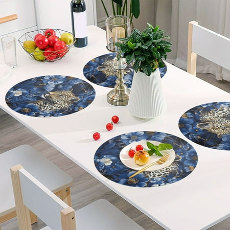 

Round Grid Placemat One Sizex6 Round Placemat PVC Plate Mat，15.4 Inch Non-Slip and Heat Resistant Table Placemat Dining Room Placemat Blue Oil Painting Jaguar
