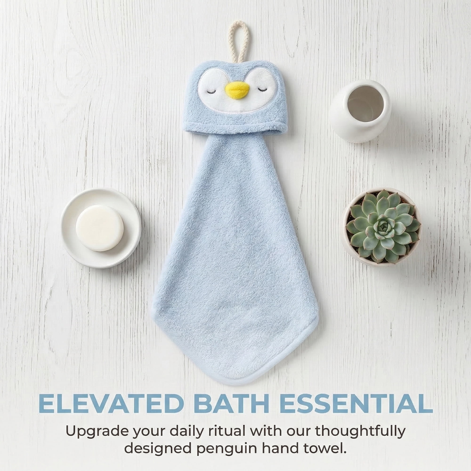 Unique Bargains Animal Hanging Soft Absorbent Hand Towel Blue Penguins/Grey Shiba 15" x 8"