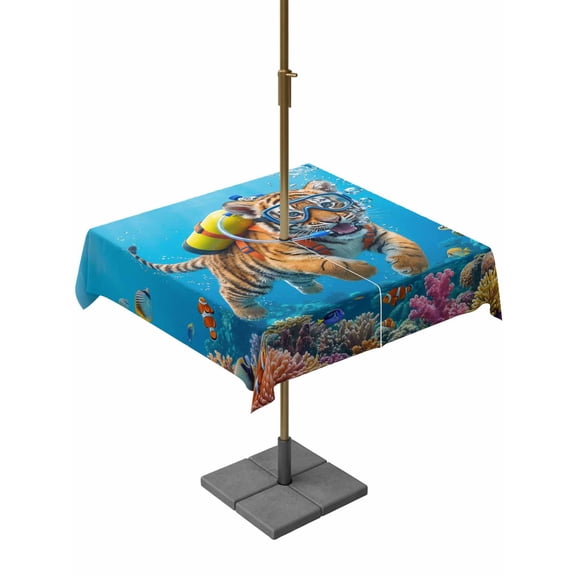 Funny Diving Tiger Outdoor Tablecloth - 60x60 Inch Square Dining Table Cover, Ocean Sea Coastal Coral Fish Marine Life Waterproof Outdoor Table Cloth with Umbrella Hole & Zipper for Picnic/Patio