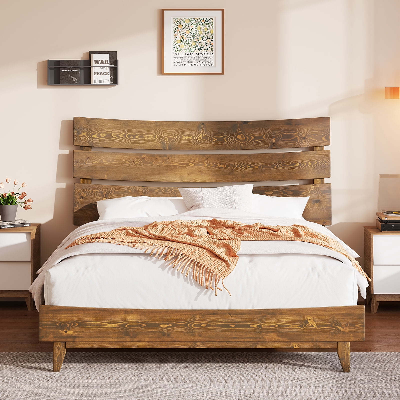 VanAcc Queen Size Solid Wood Bed Frame Platform with Wooden Headboard, Caramel