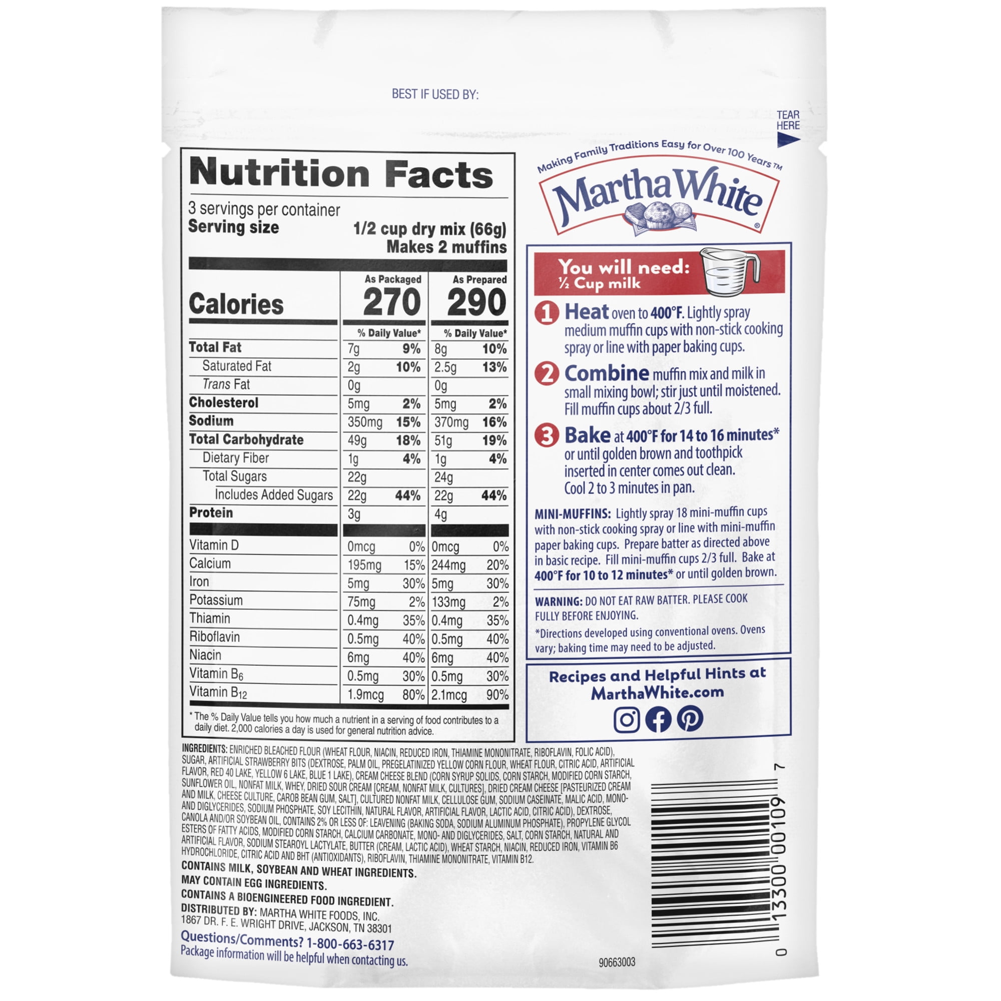 (4 pack) Martha White Strawberry Cheesecake Muffin Mix, 7 oz Bag