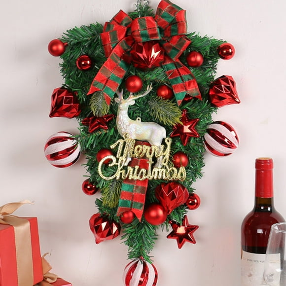 Décoration d'Arbre Inversé de Noël de 19 Pouces avec Boules Rouges - Couronne Suspendue en Rotin pour Intérieur Extérieur Cour, Porte, Mur, Scène de Manteau