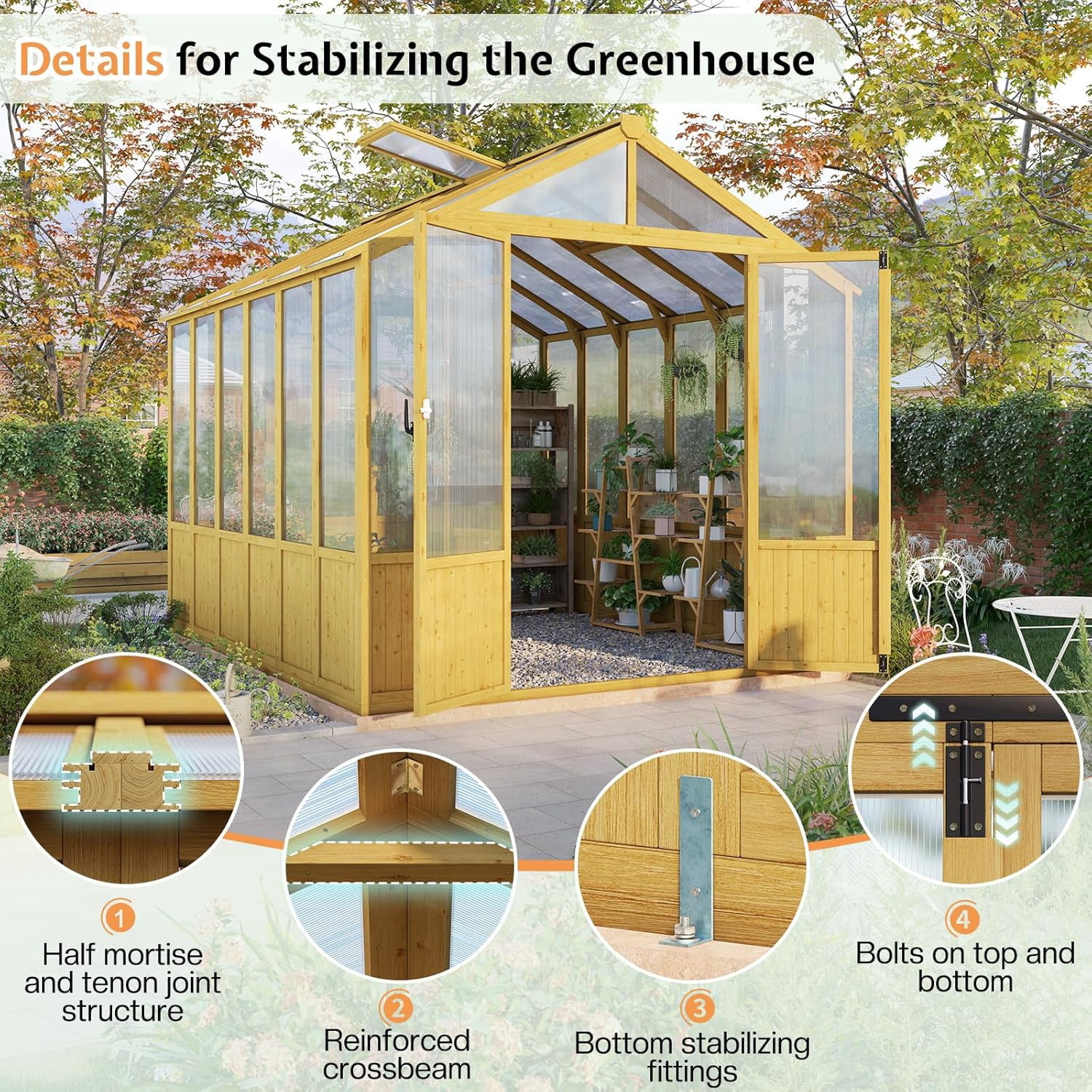 Jocisland 8x9.5 ft Wooden Greenhouse with Lockable Door, Walk-in Cedar Structure, Adjustable Roof Vents, Polycarbonate Panels for Outdoor, Garden