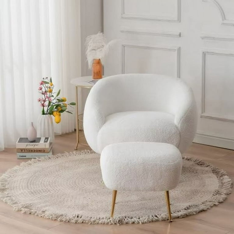 Hommoo Mid Century Modern Accent Chair Comfortable Boucle Fabric Sofa Chair  with Small Pillows Cream Side Chair with Wood Legs Leisure Chair for
