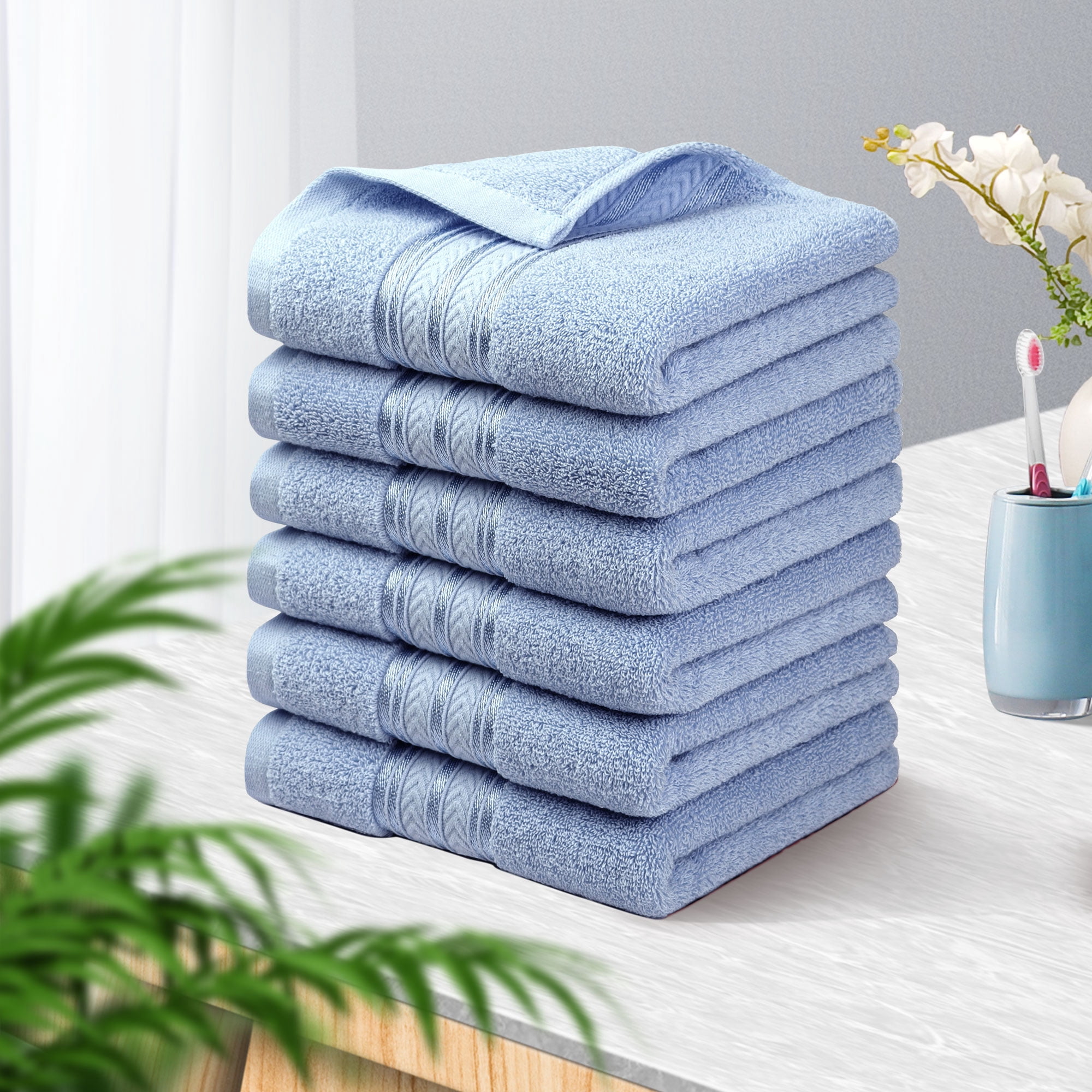 PiccoCasa 6 Pack Cotton Soft Hand Towels Set for Bathroom 13" x 29" Blue