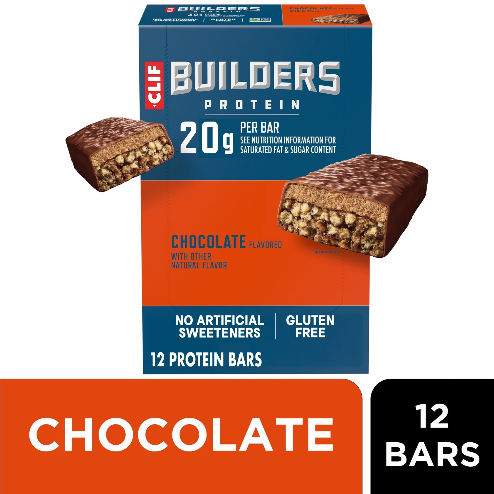 CLIF BUILDERS Protein Bars Chocolate Flavor, Plant Protein, Gluten Free Bars, 12ct