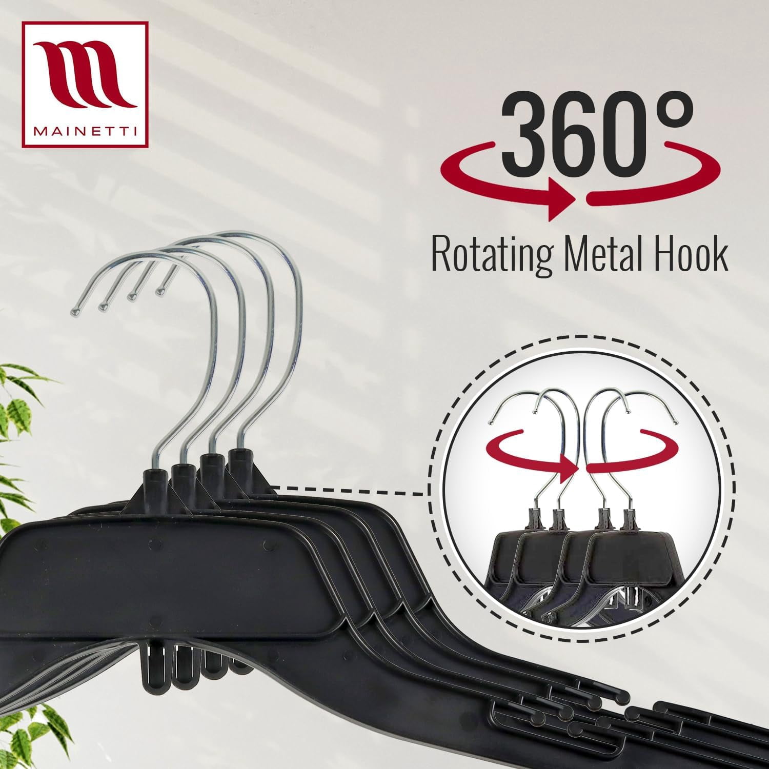 Mainetti Black Recycled Plastic Clothes Hangers 100 Pack | 17-Inch Space Saving Hangers with Rotating Metal Hook & Notches for Straps | Closet Hangers Ideal for Shirts, Tops & Dresses (484BRSEMN100)