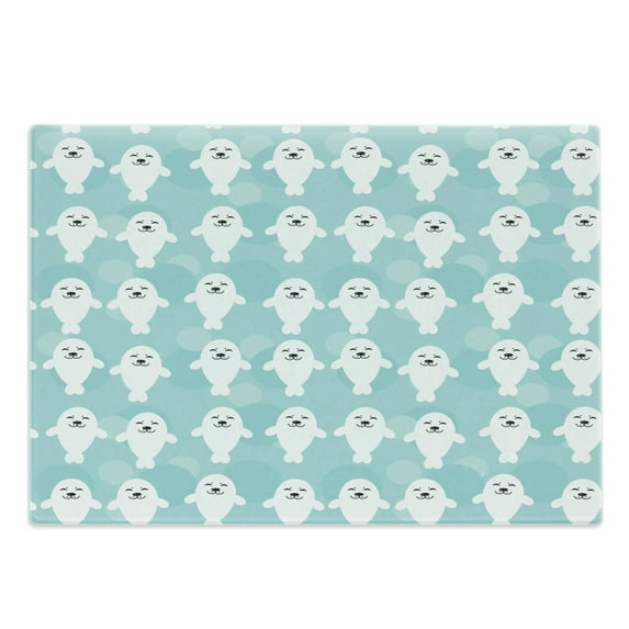Sea Animals Cutting Board, Seals with Faces Smiling Cheerful Theme, Decorative Tempered Glass Cutting and Serving Board, Large Size, Turquoise Pale Blue, by Ambesonne