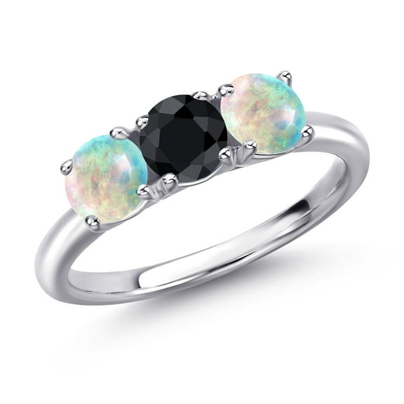 Gem Stone King 925 Sterling Silver Black Sapphire and Simulated White Opal Engagement Ring for Women | 1.69 Cttw | Round 5MM | Gemstone September Birthstone | Size 5