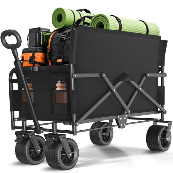 GVDV Heavy Duty Folding Wagon with Bench Seat – 580lbs Large Collapsible Cart for Beach, Camping, Shopping, Tailgating, Sports & Groceries, Black