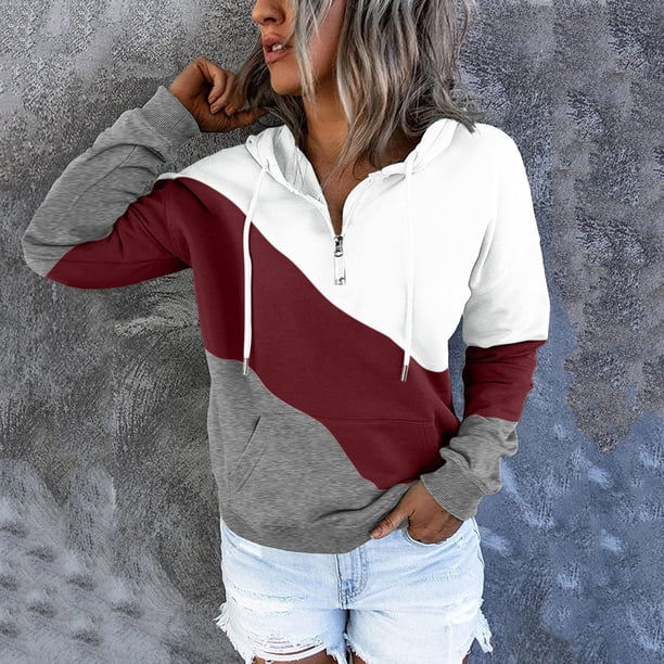 ICHUANYI Clearance Womens V-neck Long Sleeve Zipper Colorblock Sweatshirts Hoodies Pocket Tunic Tops With Drawstring(Wine, M) ICHUANYI WER2023080915147
