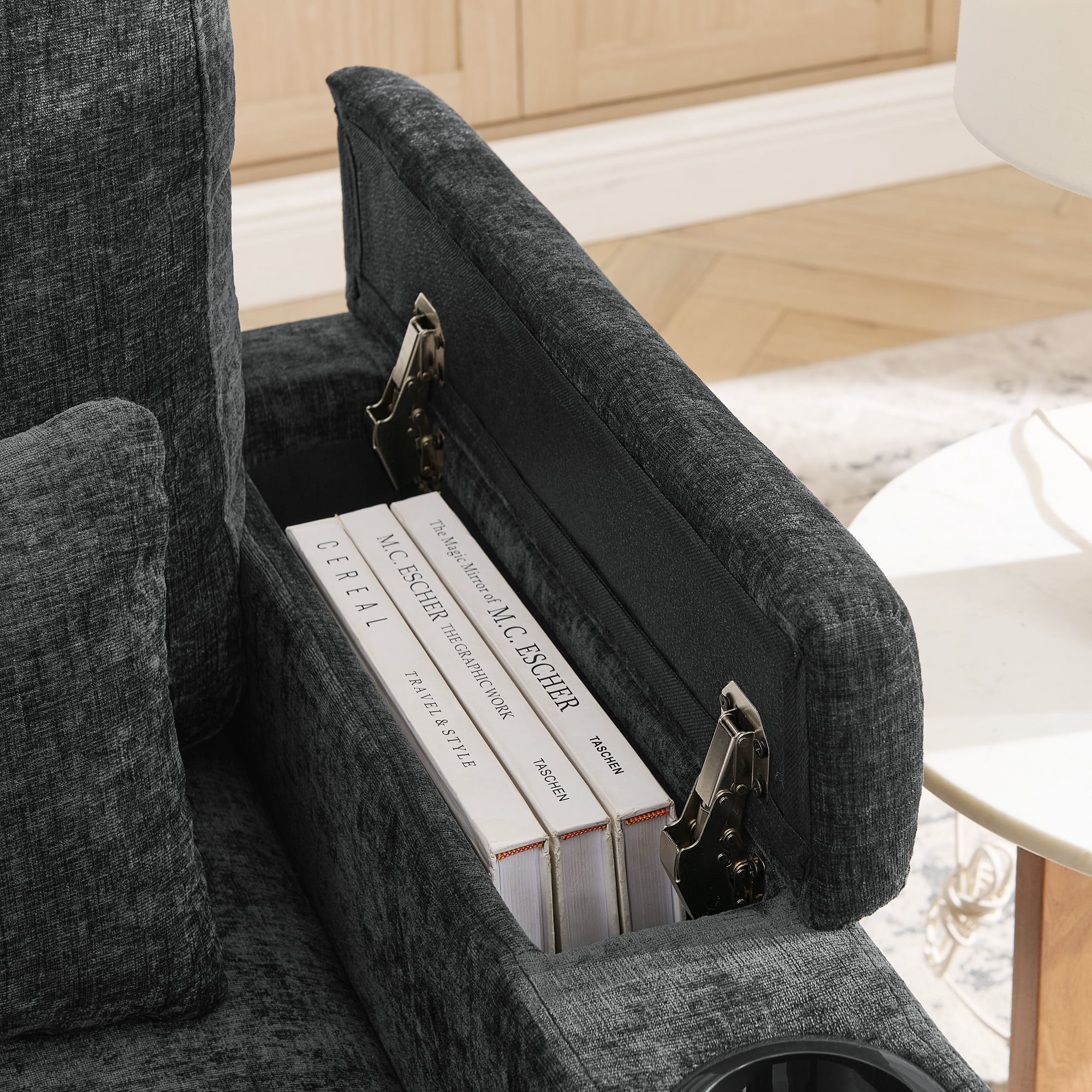 Recliner Chair with Adjustable Backrest, Cup Holders, USB Charging Port, Phone Stand, Arm Storage and Storage Ottoman