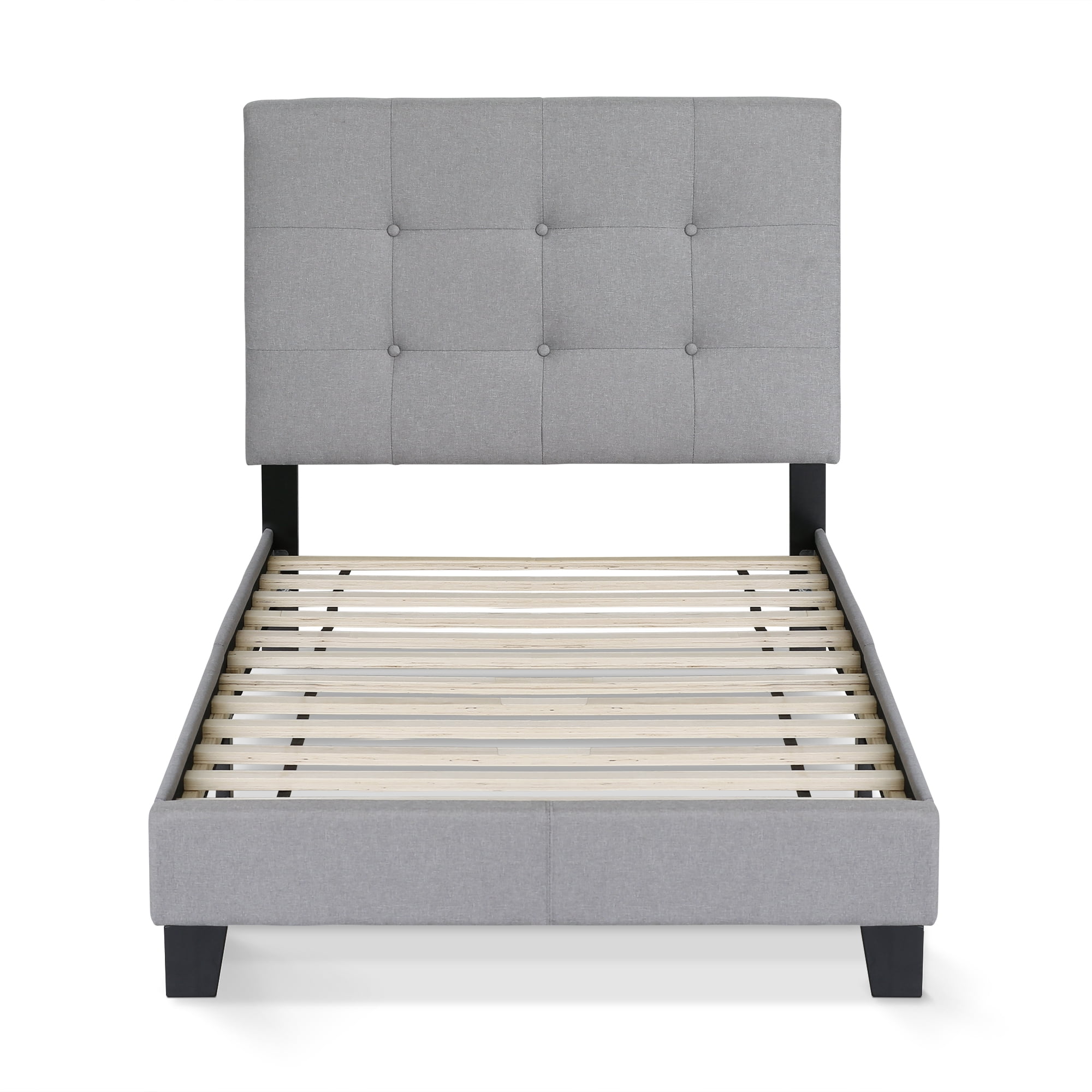 Furinno LAVAL Twin Upholstered Bed Frame with Button-Tufted Headboard and 12-Piece Wooden Slat Support, Light Grey