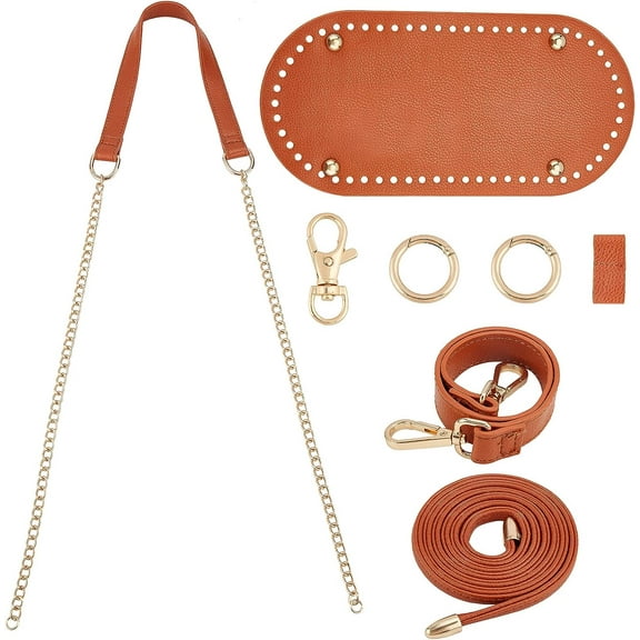PU Leather Bag Knitting Set Oval Long Brown Crochet Bag Base with Metal Chain Strap Bag Bottom Shaper Cushion Bag Nail Bottom Pad with Shoulders DIY Bag Making Accessories Peru