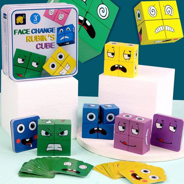 Bloques de construcción de cubos de Rubik con expresión que cambian de cara, caja de hierro, juguetes de batalla para niños, juego de mesa entre padres e hijos, juguetes de nivel de desafío