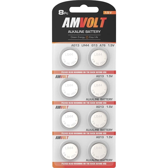 Amvolt 8 Pack LR44 AG13 Battery - [Ultra Power] Premium Alkaline 1.5 Volt Non Rechargeable Round Button Cell Batteries for Watches & Electronic Devices - 2024 Exp Date