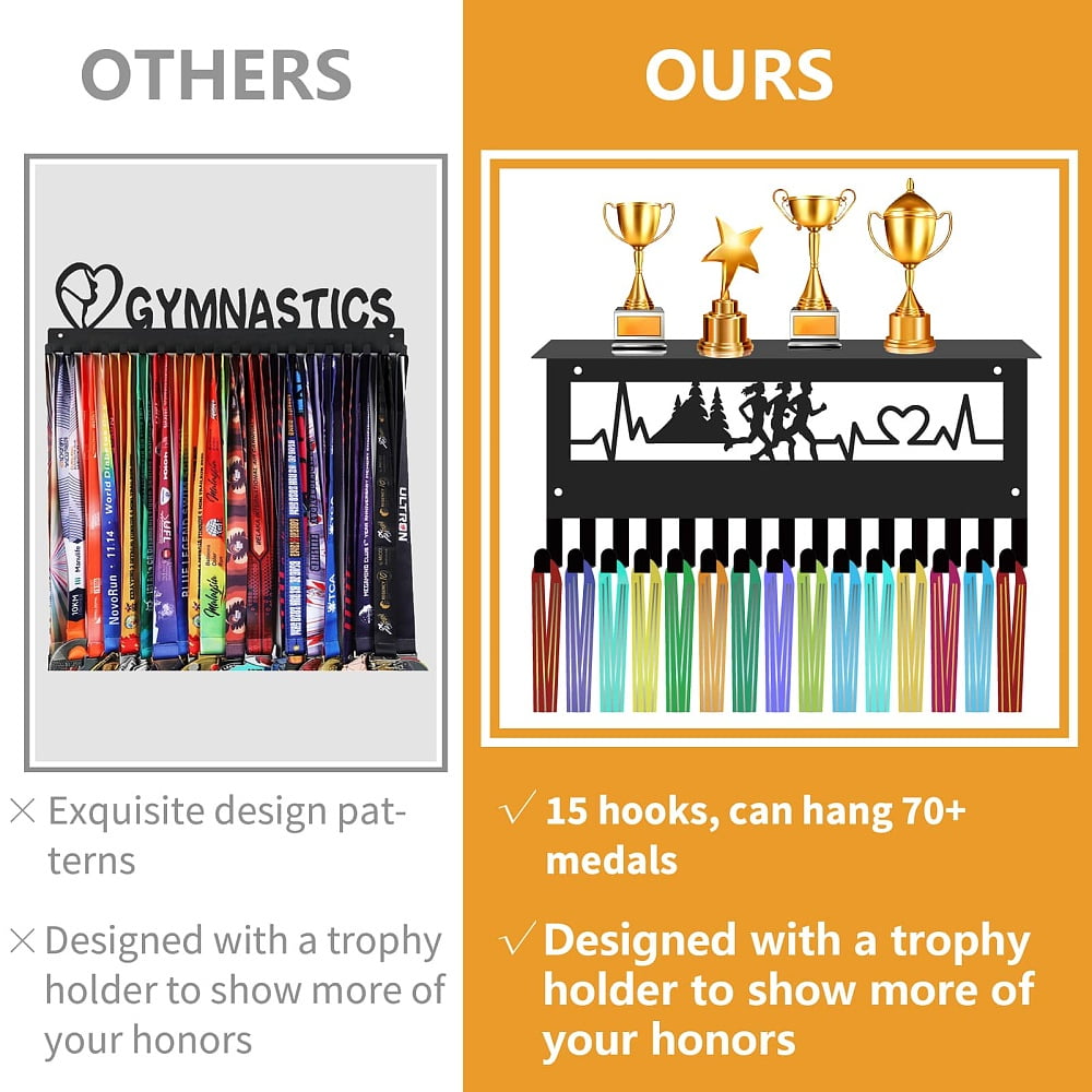 Running Medal Display Rack Sports Awards Holder with 15 Hooks Metal Black Frame Wall Mount Ribbon Organizer Hanger Stand