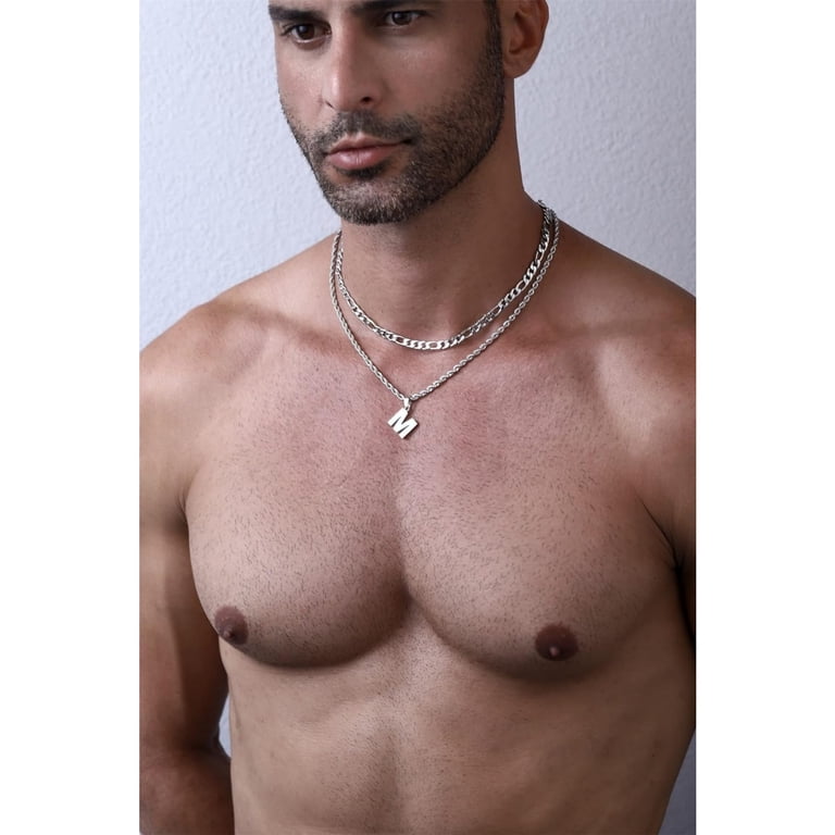 LUXEJEW Initial Letter Pendant Necklace Set - Stainless Steel Rope & Figaro Chains For Men And Women (A-Z Letters)