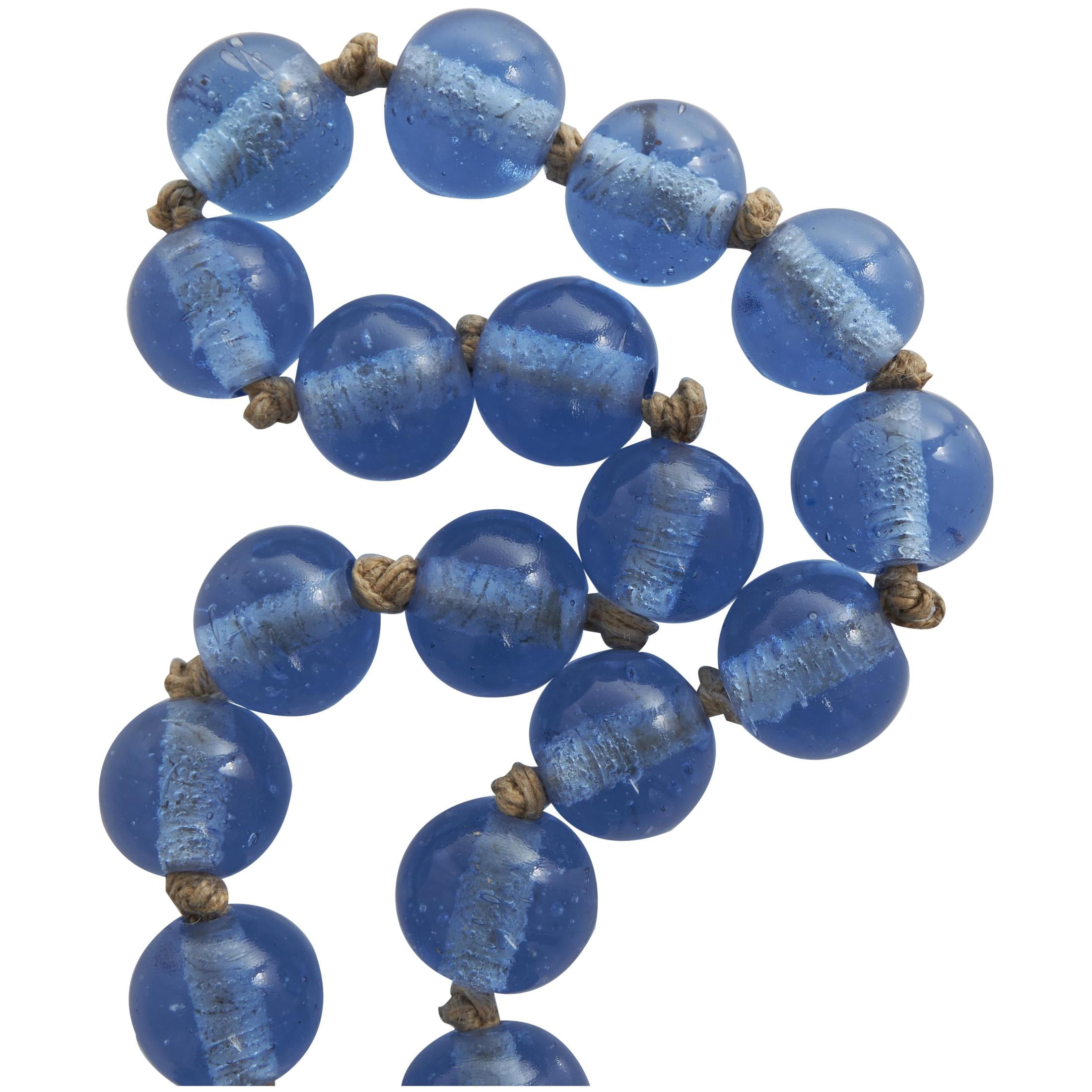 DecMode Handmade Round Blue Glass Garland with Tassel with Knotted Jute