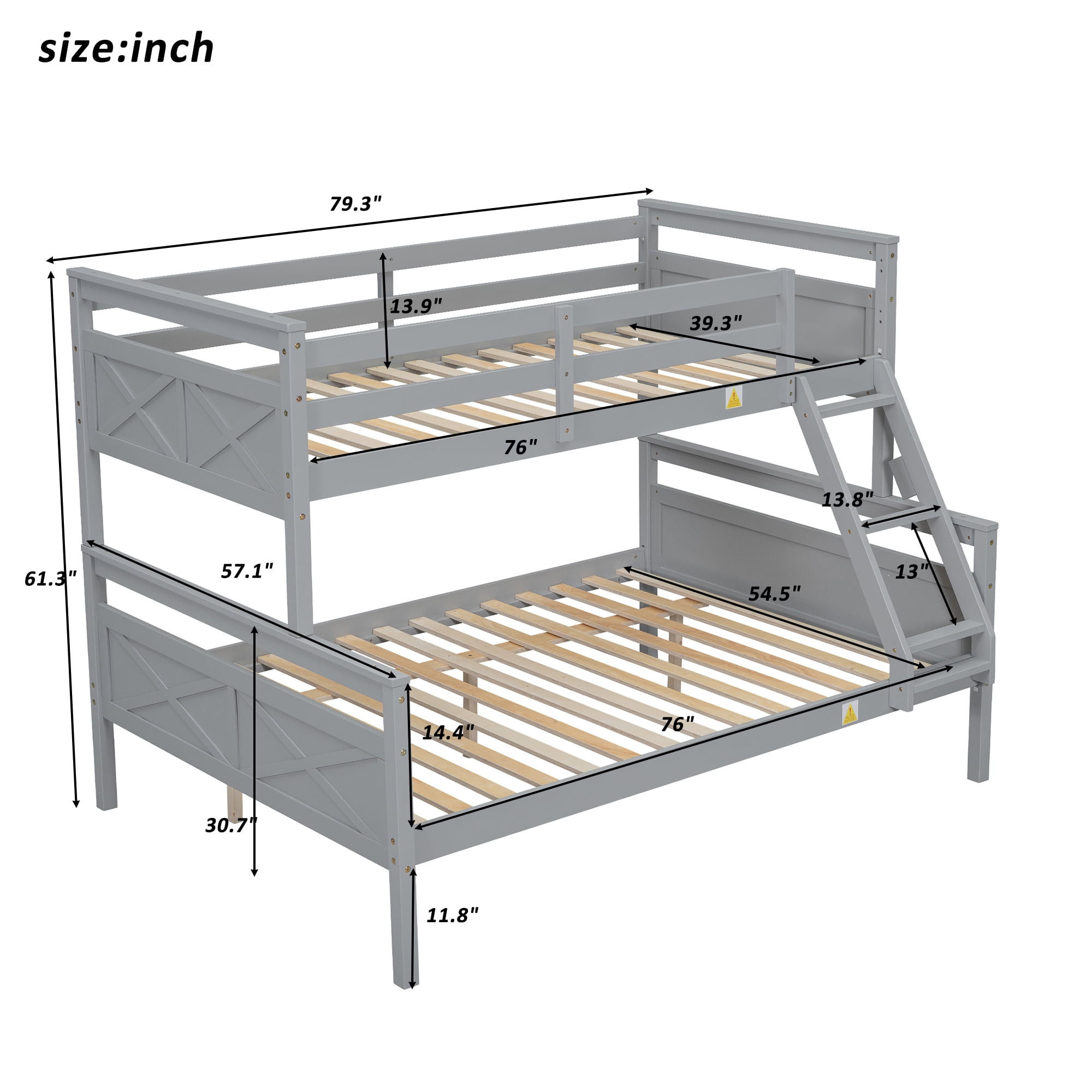 MAYEERTY Twin over Full Bunk Bed with ladder, Safety Guardrail, Perfect for Bedroom, Gray