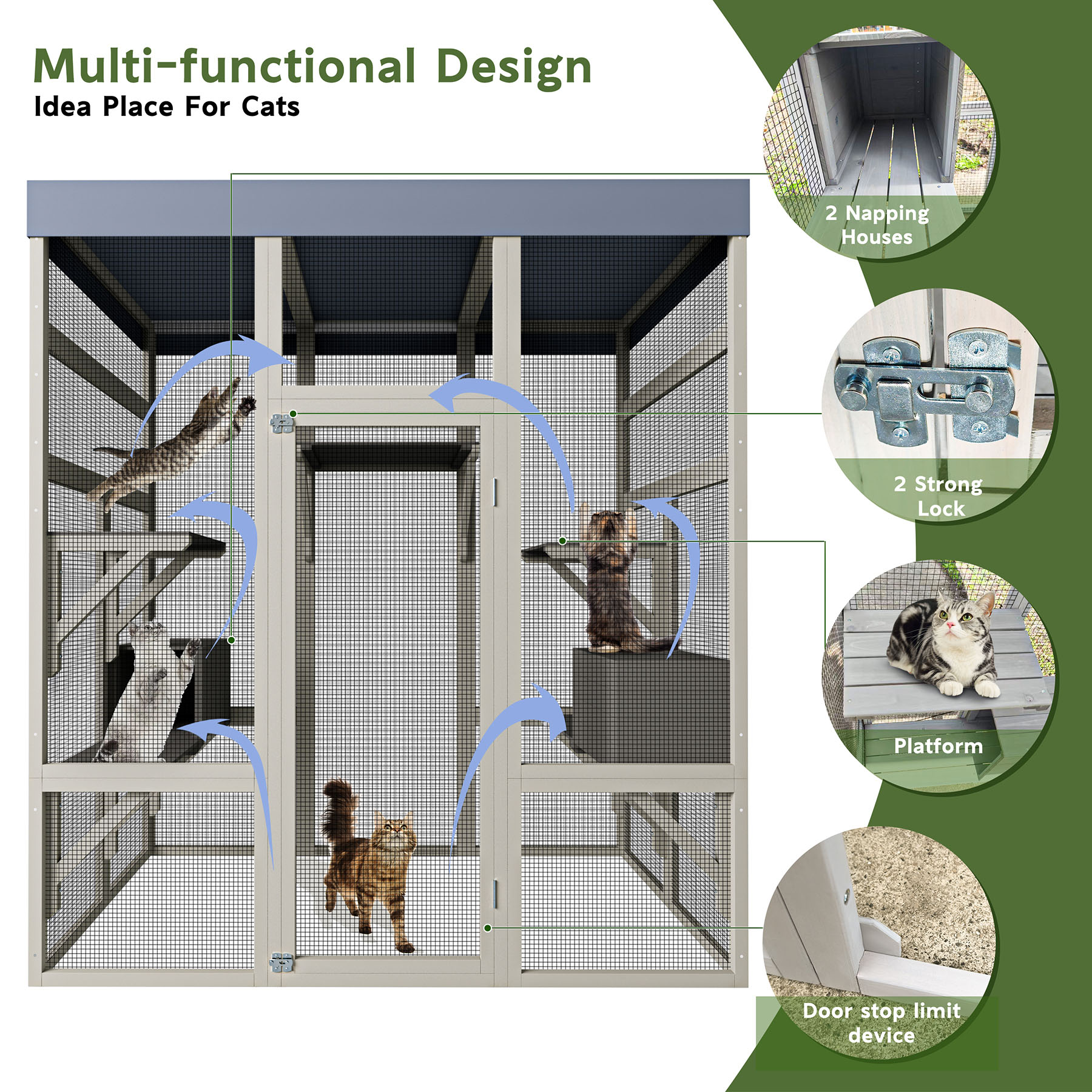 S-HOME Gray Wooden Catio Outdoor Pet House with Waterproof Top, Secure Enclosure with Galvanized Mesh and 2 Napping Boxes