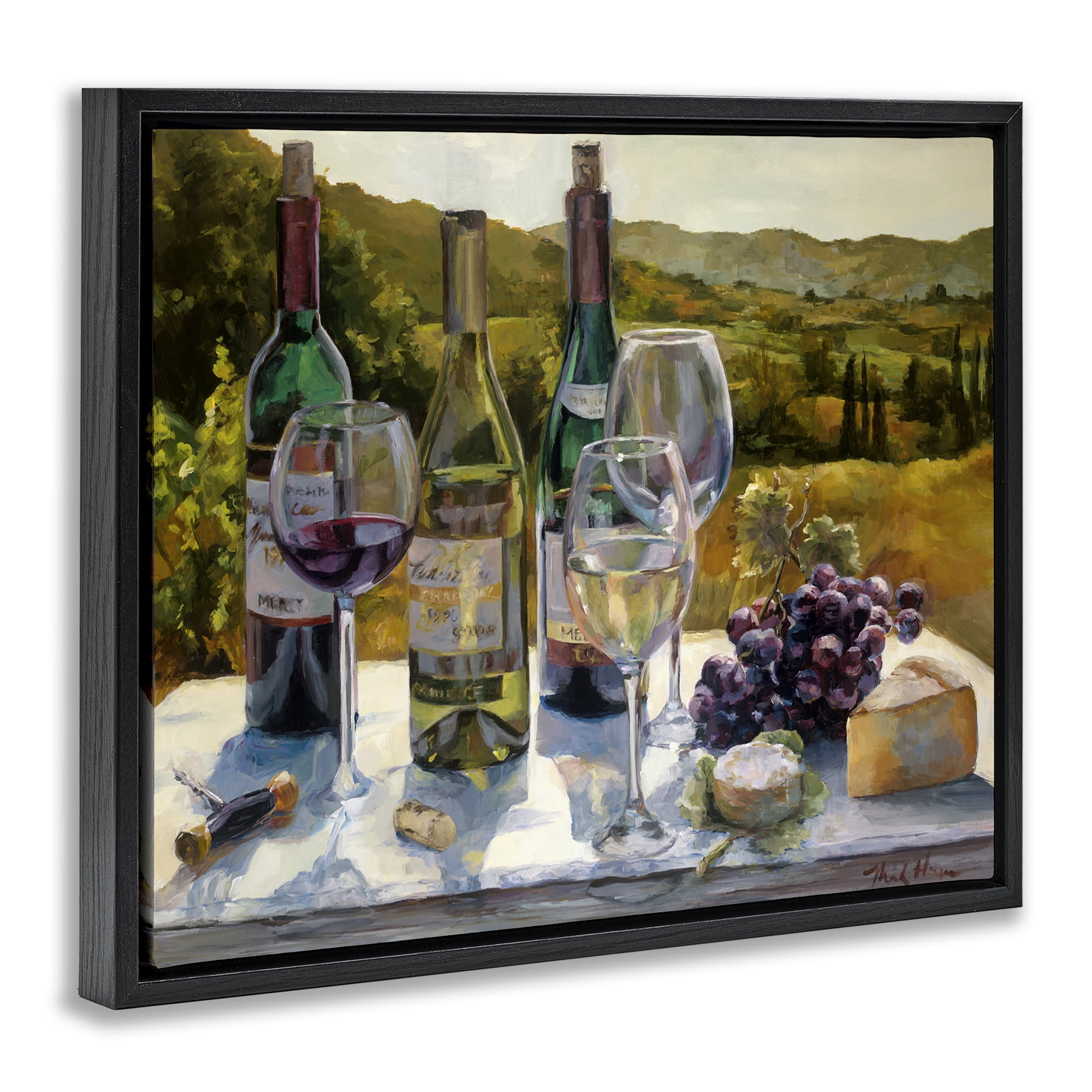 Stupell Industries Wine and Cheese Vineyard Food & Beverage Painting Black Floater Framed Canvas Art Print Wall Art, 31 x 25