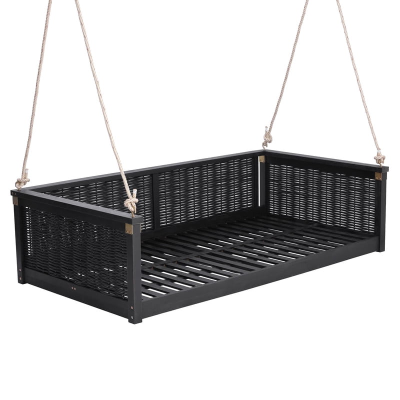 Porch Daybed Swing Outdoor Wooden Swing Bench, Patio Hanging Chair Swinging Bed with Long Ropes for Garden, Backyard, Deck