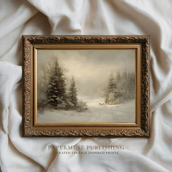 Vintage Winter Forest Landscape Print, Snowy Pine Tree , Woodland Wall Art, Cozy Neutral Cabin Artwork,, Unframed Canvas Size 12x18