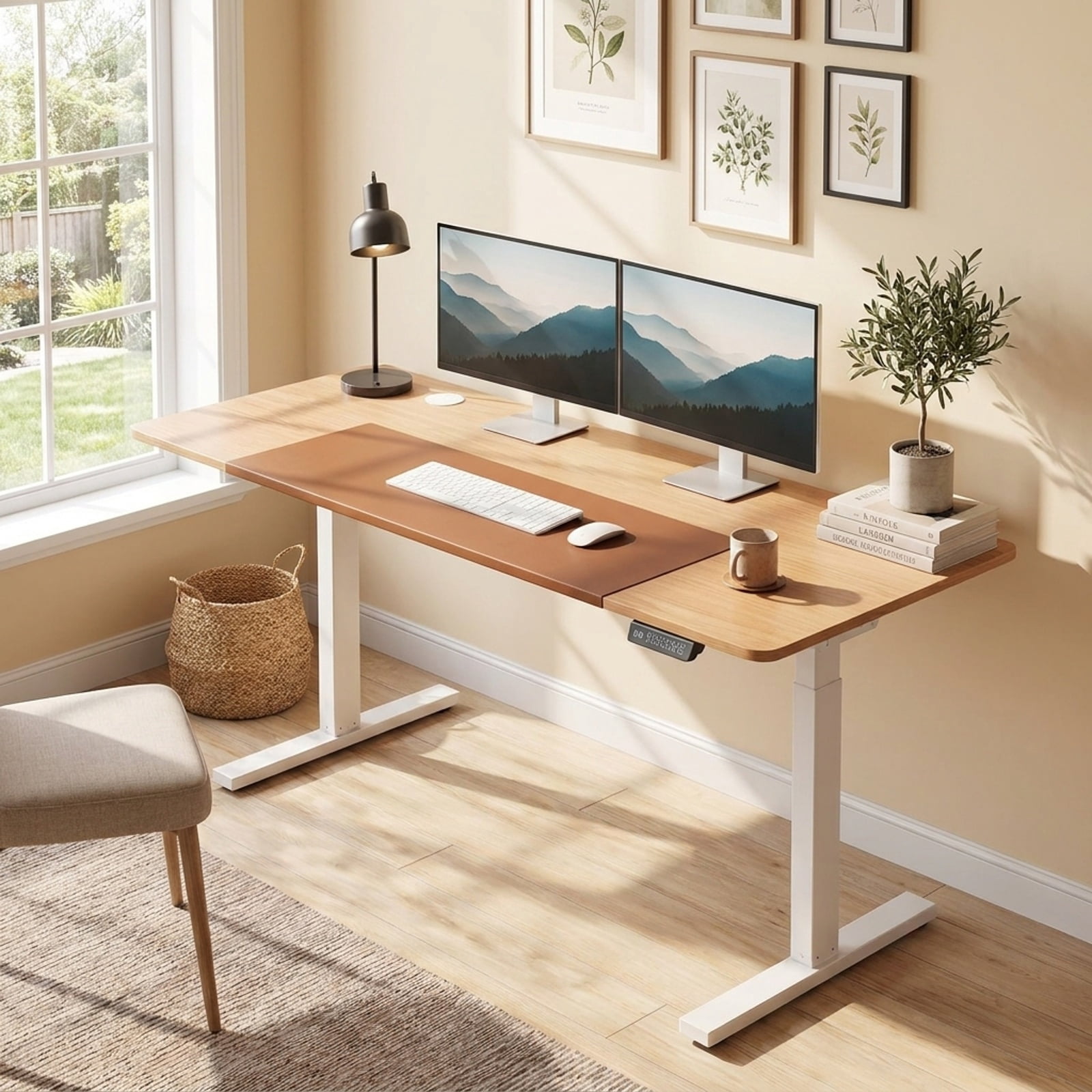 Furnibear 63 x 24 Inch Height Adjustable Sit Stand Computer Desk with 3 Memory Presets for Home Office Study Computer Writing Workstation, Natural