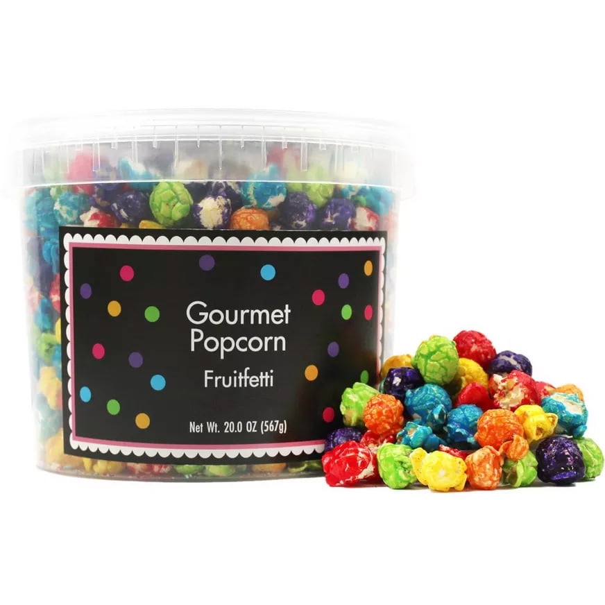 Rainbow Popcorn Bucket with Scoop, 20 Ounce, Fruitfetti Caramel Corn Tub, Fresh Gourmet Popcorn, The Hampton Popcorn & Candy Company
