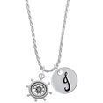 thumbnail image 1 of Delight Jewelry Silvertone Antiqued Ship Wheel Silvertone Script Initial Disc - J - Charm Necklace, 20"+3", 1 of 4